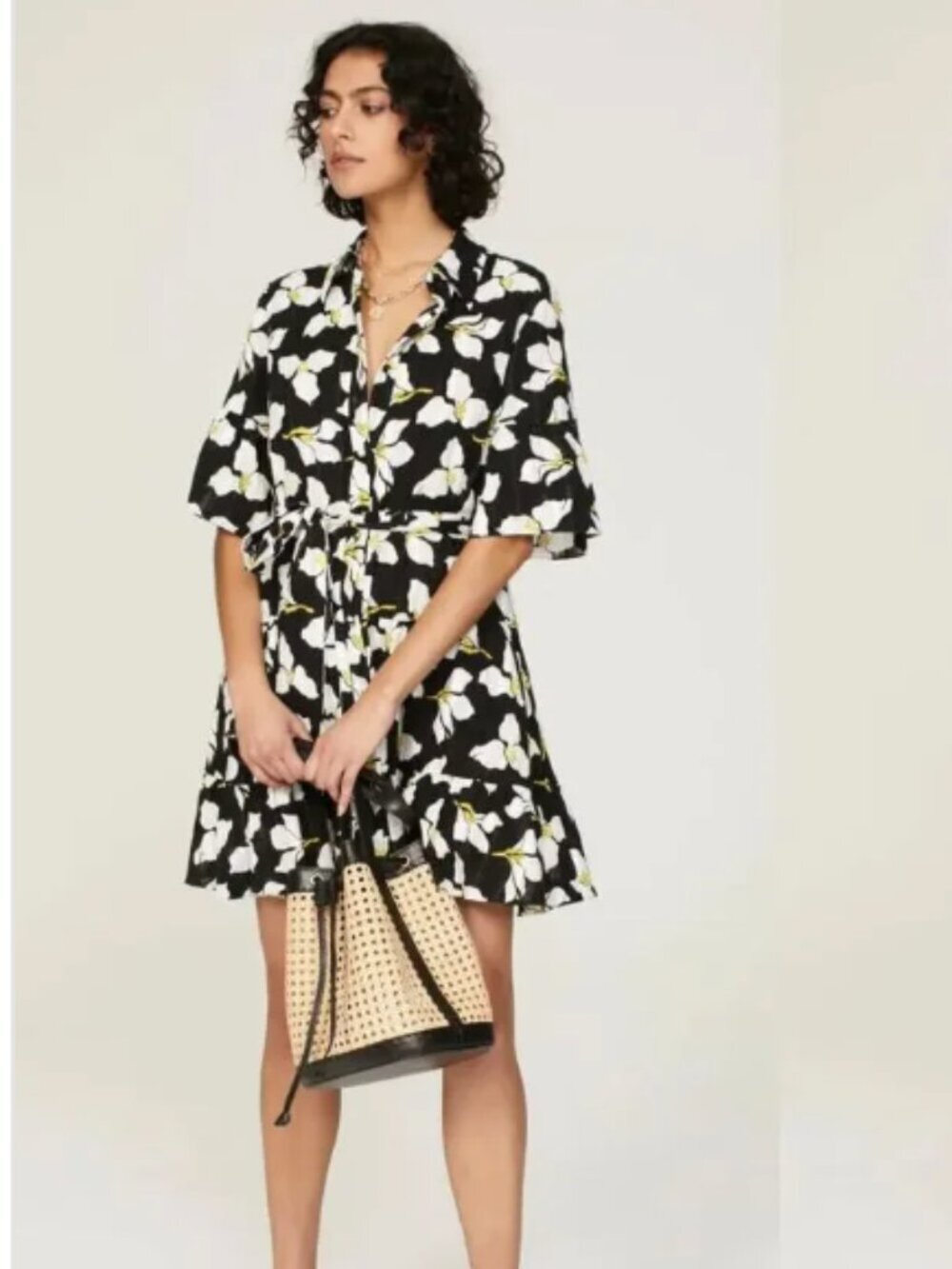 Diane Von Furstenberg Beata Dress Floral Print Cotton Short Sleeve Mini Black S